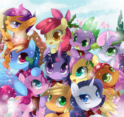 Size: 1900x1800 | Tagged: safe, artist:loyaldis, derpibooru import, apple bloom, applejack, babs seed, fluttershy, pinkie pie, rainbow dash, rarity, scootaloo, spike, sweetie belle, twilight sparkle, twilight sparkle (alicorn), alicorn, dragon, earth pony, pegasus, pony, unicorn, bow, christmas, cutie mark crusaders, female, filly, hair, hair bow, male, mane seven, mane six, mare, open mouth, smiling