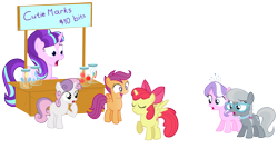 Size: 3485x2000 | Tagged: safe, artist:sollace, apple bloom, diamond tiara, scootaloo, silver spoon, starlight glimmer, sweetie belle, alicorn, earth pony, pegasus, pony, unicorn, applejack's cutie mark, bad end, bloomicorn, booth, capitalist communist, cutie mark, cutie mark crusaders, female, filly, high res, how, i've made a huge mistake, jar, jars, mare, pinkie pie's cutie mark, rainbow dash's cutie mark, raised hoof, rarity's cutie mark, shocked, side effects, simple background, transparent background, twilight's cutie mark, vector, wrong eye color, xk-class end-of-the-world scenario