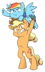 Size: 1169x1876 | Tagged: safe, artist:midnightpremiere, derpibooru import, applejack, rainbow dash, earth pony, pegasus, pony, bipedal, cowboy hat, epic wife tossing, fastball special, female, gritted teeth, hat, launch, mare, simple background, spread wings, stetson, transparent background, wings