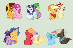 Size: 1076x706 | Tagged: safe, artist:everythingf4ngirl, derpibooru import, applejack, big macintosh, cheese sandwich, dumbbell, flash sentry, flim, fluttershy, pinkie pie, rainbow dash, rarity, spike, twilight sparkle, twilight sparkle (alicorn), alicorn, dragon, earth pony, pegasus, pony, unicorn, cheesepie, dumbdash, female, flashlight, flimjack, fluttermac, green background, kissing, male, mane seven, mane six, nuzzling, older, older spike, shipping, simple background, sparity, straight