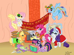 Size: 800x600 | Tagged: safe, artist:wryte, derpibooru import, angel bunny, applejack, derpy hooves, fluttershy, pinkie pie, rainbow dash, rarity, spike, twilight sparkle, dragon, earth pony, pegasus, pony, unicorn, banner, bloated, clothes, female, fireplace, hearth's warming eve, holly, horseshoes, library, mane seven, mane six, mare, pie, reindeer antlers, rudolph dash, santa costume, scarf, sweater, tv tropes