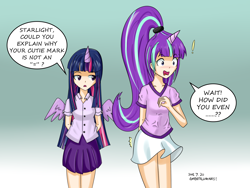 Size: 1600x1200 | Tagged: safe, artist:vanillafox2035, starlight glimmer, twilight sparkle, twilight sparkle (alicorn), alicorn, human, the cutie map, blushing, clothes, dialogue, embarrassed, horned humanization, humanized, skirt, winged humanization