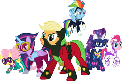 Size: 7410x4930 | Tagged: safe, artist:90sigma, derpibooru import, applejack, fili-second, fluttershy, masked matter-horn, mistress marevelous, pinkie pie, radiance, rainbow dash, rarity, saddle rager, twilight sparkle, twilight sparkle (alicorn), zapp, alicorn, earth pony, pegasus, pony, unicorn, power ponies (episode), .svg available, absurd resolution, female, mane six, mare, power ponies, simple background, transparent background, vector