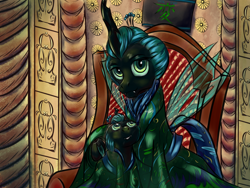 Size: 3200x2400 | Tagged: safe, artist:viwrastupr, queen chrysalis, oc, oc:pupa, changeling, changeling queen, alternate hairstyle, alternate universe, bust, fanfic art, female, japanese, kimono (clothing), male, maternal instinct, mother and child, mother and son, nihongami, offspring, parent and child, parent:queen chrysalis, portrait, throne, throne room