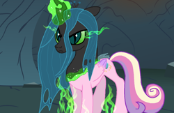 Size: 1024x665 | Tagged: safe, artist:moonsong19, artist:proenix, queen chrysalis, changeling, changeling queen, disguise, disguised changeling, fake cadance, glowing eyes, glowing horn