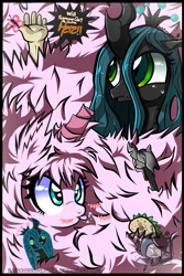 Size: 1600x2400 | Tagged: safe, artist:darkmirroremo23, queen chrysalis, oc, oc:fluffle puff, butterfly, changeling, changeling queen, canon x oc, chrysipuff, dan, dan vs, fake horn, female, lesbian, plushie, shipping, taco, tongue out