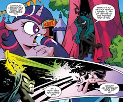 Size: 913x761 | Tagged: safe, artist:andypriceart, idw, queen chrysalis, twilight sparkle, twilight sparkle (alicorn), alicorn, changeling, changeling queen, pony, siege of the crystal empire, spoiler:comic, spoiler:comic34, comic, duo, female, magic beam, magic blast, mare, official comic, tent