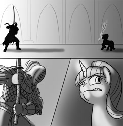 Size: 700x721 | Tagged: safe, artist:mistermech, starlight glimmer, pony, unicorn, comic, crossover, dark souls, dark souls 2, duel, monochrome, s5 starlight, sir alonne, staff, staff of sameness, sweat, this will end in tears and/or death