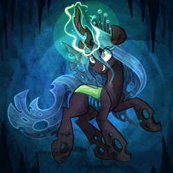 Size: 600x600 | Tagged: safe, artist:azimooth, queen chrysalis, changeling, changeling queen, cave, crown, fangs, female, glowing horn, jewelry, magic, regalia, smiling, solo, wings