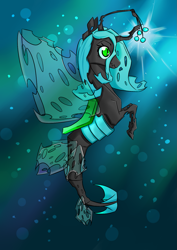 Size: 1017x1438 | Tagged: dead source, safe, artist:amberpendant, queen chrysalis, changeling, changeling queen, merpony, seahorse, solo, species swap, underwater