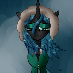 Size: 2000x2000 | Tagged: dead source, safe, artist:soveno, queen chrysalis, changeling, changeling queen, clothes, female, sad, solo