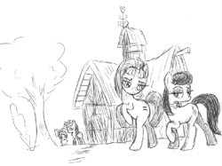 Size: 583x436 | Tagged: safe, artist:paking pie, apple bloom, applejack, octavia melody, starlight glimmer, earth pony, pony, monochrome, traditional art