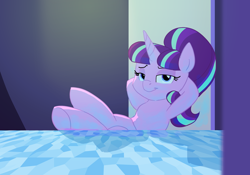Size: 1150x804 | Tagged: safe, artist:carnifex, starlight glimmer, pony, unicorn, the cutie re-mark, bedroom eyes, female, hooves on the table, looking at you, mare, s5 starlight, scene interpretation, smiling, smirk, smug, smug smile, smuglight glimmer, solo, welcome home twilight