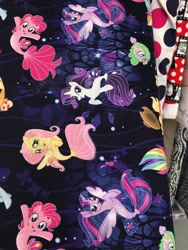 Size: 720x960 | Tagged: safe, derpibooru import, applejack, fluttershy, pinkie pie, rainbow dash, rarity, spike, twilight sparkle, twilight sparkle (alicorn), alicorn, pony, seapony (g4), my little pony: the movie, cute, fabric, irl, mane seven, mane six, merchandise, photo, puffer fish, seaponified, seapony fluttershy, seapony pinkie pie, seapony rarity, seapony twilight, species swap, spike the pufferfish, that pony sure does love being a seapony