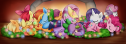 Size: 1600x564 | Tagged: dead source, safe, artist:xioade, derpibooru import, apple bloom, applejack, fluttershy, pinkie pie, rainbow dash, rarity, scootaloo, spike, sweetie belle, twilight sparkle, dragon, earth pony, pegasus, pony, unicorn, christmas, christmas lights, cuddle puddle, cuddling, cute, cutie mark crusaders, eyes closed, mane seven, mane six, on side, prone, sleeping, smiling, snuggling