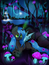 Size: 1920x2560 | Tagged: dead source, safe, artist:teranen, queen chrysalis, changeling, changeling queen, :3, colored pupils, female, flower, flower in hair, glowing eyes, glowing horn, moon, mushroom, night, prone, scenery, solo, water