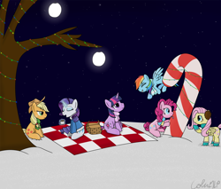 Size: 1500x1275 | Tagged: safe, artist:colinmlp, derpibooru import, applejack, fluttershy, pinkie pie, rainbow dash, rarity, twilight sparkle, earth pony, pegasus, pony, unicorn, basket, blanket, boots, candy, candy cane, christmas, christmas lights, clothes, cup, earmuffs, holiday, licking, magic, mane six, moon, night, scarf, snow, tongue out, tree, winter