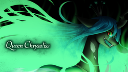 Size: 1920x1080 | Tagged: safe, artist:hashioaryut, queen chrysalis, changeling, changeling queen, evil face, fangs, female, solo, wallpaper