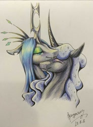 Size: 593x807 | Tagged: safe, artist:begasus, nightmare moon, queen chrysalis, alicorn, changeling, changeling queen, pony, bust, chrysmoon, cute, cutealis, female, lesbian, mare, moonabetes, portrait, shipping, traditional art