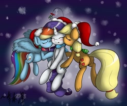 Size: 1280x1067 | Tagged: safe, artist:lightningnickel, derpibooru import, applejack, rainbow dash, rarity, earth pony, pegasus, pony, unicorn, appledash, female, kiss on the cheek, kiss sandwich, kissing, lesbian, mistletoe, raridash, rarijack, rarijackdash, shipping