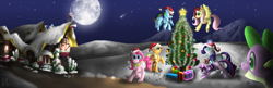 Size: 4000x1300 | Tagged: safe, artist:gonedreamer, derpibooru import, applejack, fluttershy, pinkie pie, rainbow dash, rarity, spike, twilight sparkle, dragon, earth pony, pegasus, pony, unicorn, christmas, christmas tree, hat, mane seven, mane six, moon, night, present, snow, tree, winter