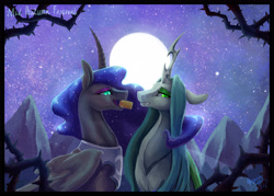 Size: 3625x2598 | Tagged: source needed, safe, artist:begasus, nightmare moon, queen chrysalis, alicorn, changeling, changeling queen, pony, chrysmoon, cute, cutealis, female, lesbian, mare, mid-autumn festival, moonabetes, mooncake, shipping
