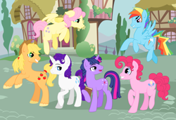 Size: 2156x1474 | Tagged: safe, artist:seirei16000, derpibooru import, applejack, applejack (male), bubble berry, butterscotch, dusk shine, elusive, fluttershy, pinkie pie, rainbow blitz, rainbow dash, rarity, twilight sparkle, earth pony, pegasus, pony, unicorn, mane six, paint tool sai, rule 63