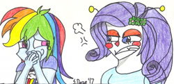 Size: 2412x1166 | Tagged: safe, artist:sapphire42, derpibooru import, rainbow dash, rarity, equestria girls, traditional art