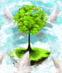 Size: 766x900 | Tagged: safe, artist:moondreamer16, derpibooru import, rainbow dash, pegasus, pony, cloud, cloudy, cute, dashabetes, female, floating island, grass, leaves, mare, monster, red eyes, smiling, solo, tree, when you see it
