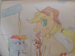 Size: 2592x1936 | Tagged: safe, artist:didgereethebrony, derpibooru import, applejack, rainbow dash, winona, earth pony, pegasus, pony, hypnosis, hypnotized, pendulum swing, tongue out, traditional art