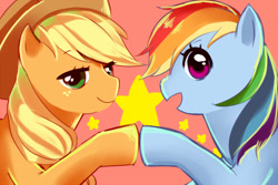 Size: 650x433 | Tagged: safe, artist:lamidien, derpibooru import, applejack, rainbow dash, earth pony, pegasus, pony, abstract background, appledash, duo, female, hoofbump, lesbian, mare, shipping, stars