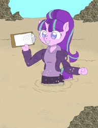 Size: 1700x2200 | Tagged: safe, artist:luckykid7, starlight glimmer, anthro, blazer, business suit, clipboard, clothes, dilbert, dirty, elbonia, fake smile, female, muck, mud, nervous, quicksand, skirt, solo, the dilbert zone, this will end in tears and/or death, wasteland