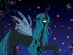 Size: 864x648 | Tagged: safe, artist:moonkitty, queen chrysalis, changeling, changeling queen, firefly (insect), female, mare in the moon, moon, solo, vine