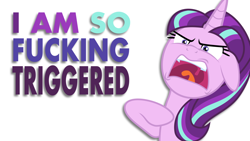 Size: 1280x720 | Tagged: dead source, safe, artist:awallpaperbrony, starlight glimmer, pony, unicorn, angry, floppy ears, glare, meta, open mouth, reaction image, solo, starlight justice warrior, triggered, uvula, vulgar