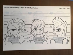 Size: 1024x768 | Tagged: safe, artist:tonyfleecs, derpibooru import, idw, applejack, rainbow dash, rarity, earth pony, pegasus, pony, unicorn, spoiler:comic45, angry, comic cover, cover, jail, monochrome, mugshot, official