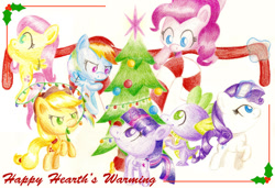 Size: 600x410 | Tagged: safe, artist:flutterluv, derpibooru import, applejack, fluttershy, pinkie pie, rainbow dash, rarity, spike, twilight sparkle, twilight sparkle (alicorn), alicorn, dragon, earth pony, pegasus, pony, unicorn, christmas, christmas tree, female, holly, mane seven, mane six, mare, traditional art, tree