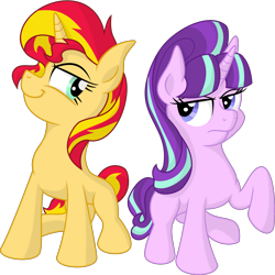 Size: 2949x2948 | Tagged: safe, artist:spinoffjoe, starlight glimmer, sunset shimmer, pony, unicorn, raised hoof, side by side, smirk