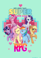 Size: 1280x1831 | Tagged: safe, artist:purmu, derpibooru import, applejack, fluttershy, pinkie pie, rainbow dash, rarity, twilight sparkle, twilight sparkle (alicorn), alicorn, earth pony, pegasus, pony, unicorn, female, flutterdash, heart, kissing, lesbian, mane six, mare, shipping, super lesbian horse rpg