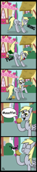 Size: 741x3339 | Tagged: safe, artist:jay muniz, derpy hooves, pegasus, pony, achievement unlocked, bad pun, comic, eating, fart, female, food, gross, mare, muffin, pooping, reference, solo, wat