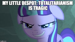 Size: 640x366 | Tagged: safe, starlight glimmer, pony, unicorn, the cutie map, evil grin, image macro, meme, pun