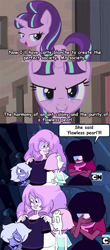 Size: 593x1350 | Tagged: safe, edit, screencap, starlight glimmer, pony, unicorn, the cutie map, amethyst (steven universe), blushing, crossing the line twice, crossover, demolition man, garnet (steven universe), laughing, pearl, pearl (steven universe), rose quartz (steven universe), screencap comic, steven universe