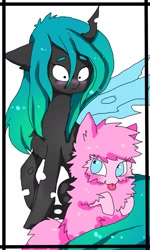 Size: 1285x2137 | Tagged: safe, artist:teranen, queen chrysalis, oc, oc:fluffle puff, changeling, changeling queen, :p, blushing, canon x oc, chrysipuff, female, floppy ears, lesbian, raised hoof, shipping, tongue out