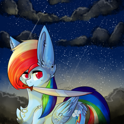 Size: 1000x1000 | Tagged: dead source, safe, artist:twinkepaint, derpibooru import, rainbow dash, pegasus, pony, chest fluff, cloud, huge ears, mouth hold, solo, sunrise, sword, weapon