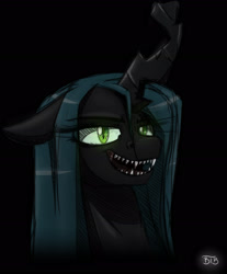 Size: 2002x2422 | Tagged: safe, artist:lrusu, queen chrysalis, changeling, changeling queen, female, glowing eyes, grin, kitchen eyes, looking at you, open mouth, sharp teeth, solo
