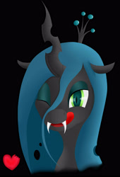 Size: 2914x4275 | Tagged: safe, artist:skitsroom, queen chrysalis, changeling, changeling queen, heart, licking, licking lips, smiling, solo, tongue out