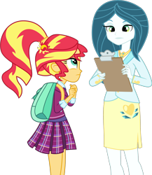 Size: 3408x3923 | Tagged: safe, artist:xebck, queen chrysalis, sunset shimmer, changeling, changeling queen, equestria girls, friendship games, alternate hairstyle, alternate universe, backpack, clipboard, clothes, crystal prep academy, crystal prep academy uniform, crystal prep shadowbolts, equestria girls-ified, necklace, pleated skirt, school uniform, skirt