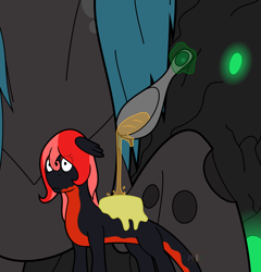 Size: 1132x1180 | Tagged: safe, artist:parallel black, queen chrysalis, oc, oc:mave, alp-luachra, changeling, changeling queen, original species, butter, imminent vore, spoon, syrup