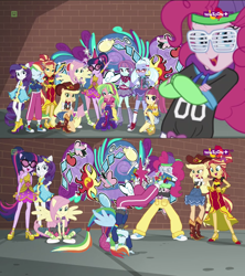 Size: 1366x1536 | Tagged: safe, derpibooru import, screencap, applejack, fluttershy, lemon zest, pinkie pie, rainbow dash, rarity, sci-twi, sour sweet, sugarcoat, sunny flare, sunset shimmer, twilight sparkle, dance magic, equestria girls, spoiler:eqg specials, armpits, breakdancing, brick wall, clothes, converse, crossed arms, crystal prep shadowbolts, cute, dancing, eyes closed, graffiti, humane five, humane seven, humane six, looking at you, mc pinkie, ponied up, rapper dash, rapper pie, scitwilicorn, shoes, sneakers, teletoon