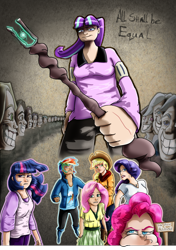 Size: 1600x2279 | Tagged: safe, artist:dutchgirl626, artist:rosieu, applejack, fluttershy, night glider, party favor, pinkie pie, rainbow dash, rarity, starlight glimmer, sugar belle, twilight sparkle, human, the cutie map, breaking the fourth wall, clothes, creepy, creepy smile, equalized, humanized, magic, mane six, monochrome, no fun allowed, pouting, s5 starlight, skirt, smiling, smug, smuglight glimmer, staff, staff of sameness, stalin glimmer, static