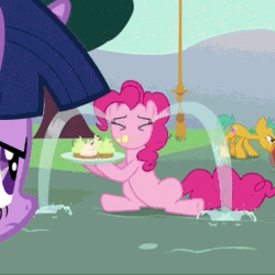 Size: 512x512 | Tagged: safe, derpibooru import, screencap, pinkie pie, snails, twilight sparkle, earth pony, pony, magic duel, animated, crying, cupcake, loop, no mouth, no nose, ocular gushers
